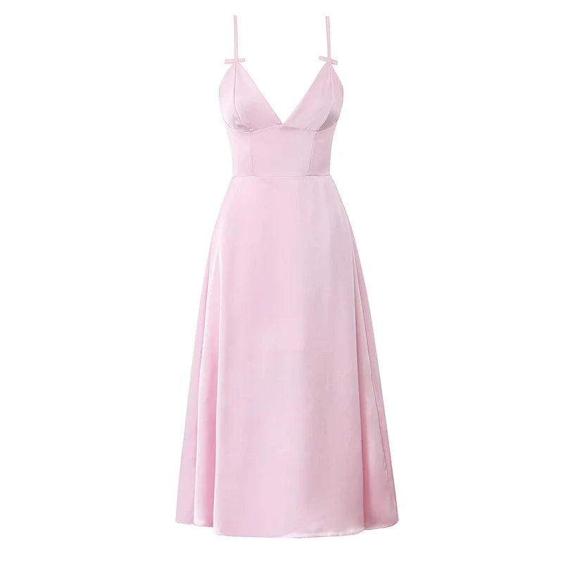High Street Satin Pink Sling Sexy Elegant Dresses Thin Straps V Neck A-line Midi Evening Party Dresses