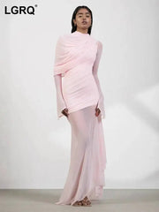 spring and autumn high neck full sleeves fake two pieces mesh spliced pleated asymmetrical Dresses