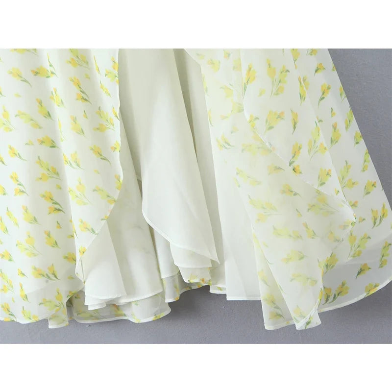 Yellow Print Sling Midi Summer Dresses Sexy O Neck Hem Slits A-line Chiffon Dresses