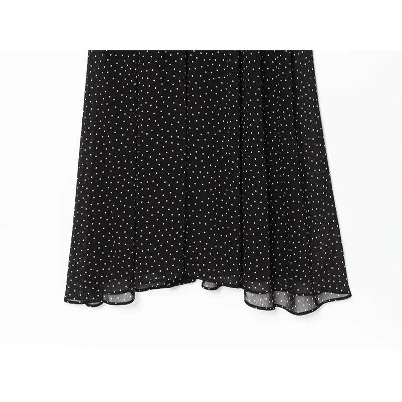 French Style Polka Dot High Neck Pleated Chiffon Dresses