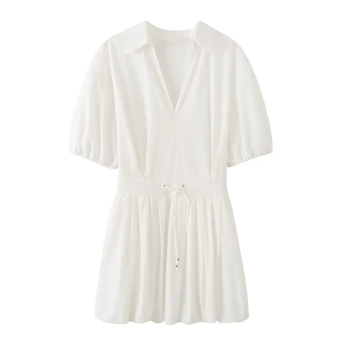 Elegant V-neck Puff Sleeve White Shirt Dresses