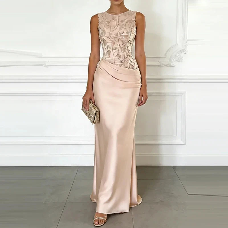 Elegant O-neck Sleeveless Lace Satin Spliced Dresses