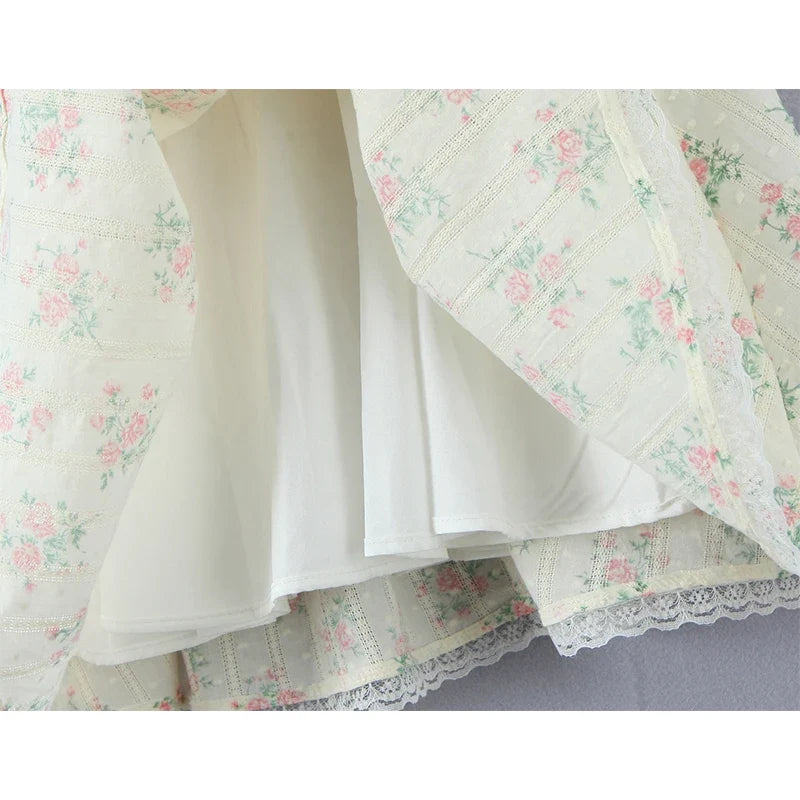 French Style Lace Spliced Floral Print Sling Mini Dresses