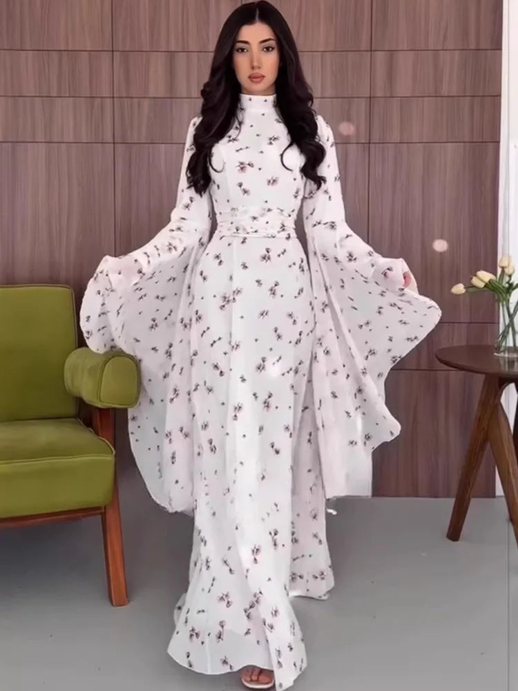 Summer Turtleneck Long Flare Sleeves Printing Elegant Waist-Cinching Formal Dresses