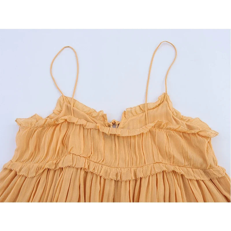 Front Lace Up Thin Straps Asymmetric Ruffles Dresses Sexy Summer Short Vacation Dresses