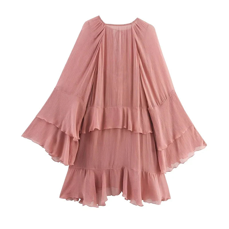 French Style Lace Up O Neck Flared Sleeve Ruffle Dresses