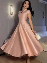 Temperament Stand Collar Short Sleeved Pleated Waist Mid Length Dresses