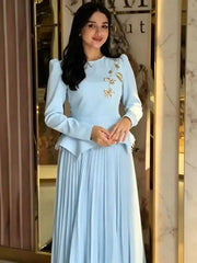 Elegant Two-piece Set Autumn Beaded Round-neck Long-sleeved Patchwork Top With Pleated Skirt 19DB2494
