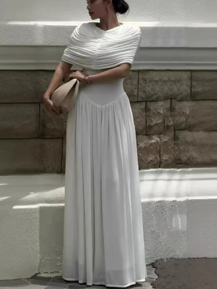 Socialite Style Floor Length V Neck Wrinkles Boat Neck Solid Color Knitting Fitted Dresses Model