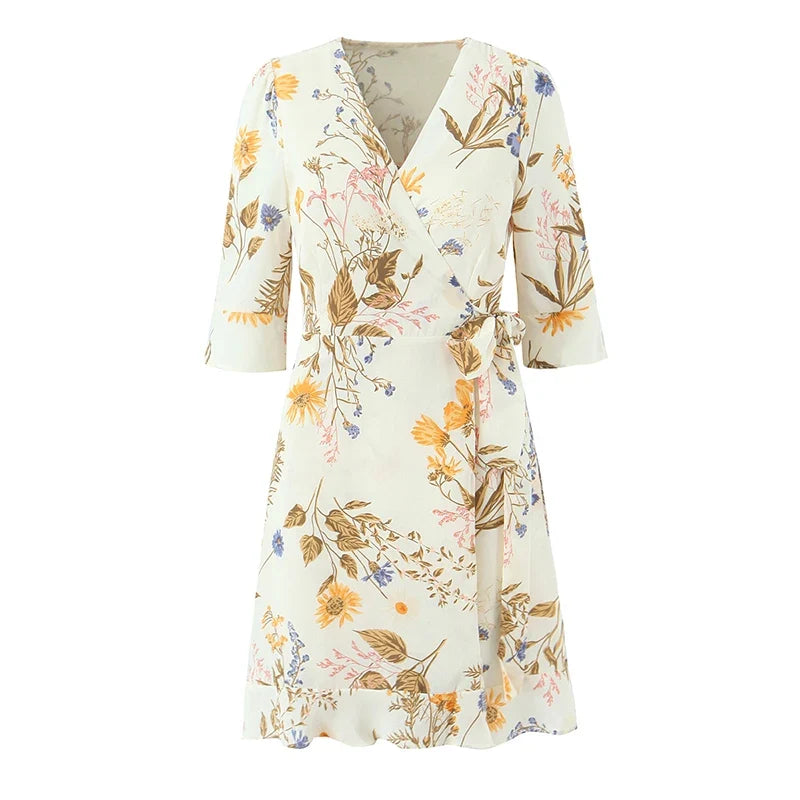 French Floral Print Cross V Neck Wrap Dresses