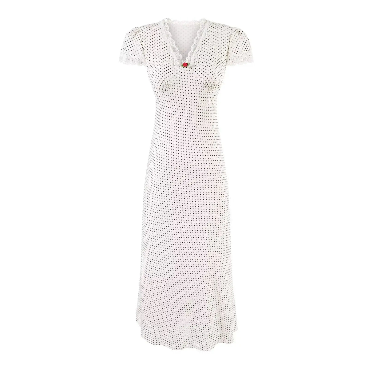 French Lace Trim V Neck Polka Dot Dresses Short Sleeve A-line Midi Elegant Summer Dresses