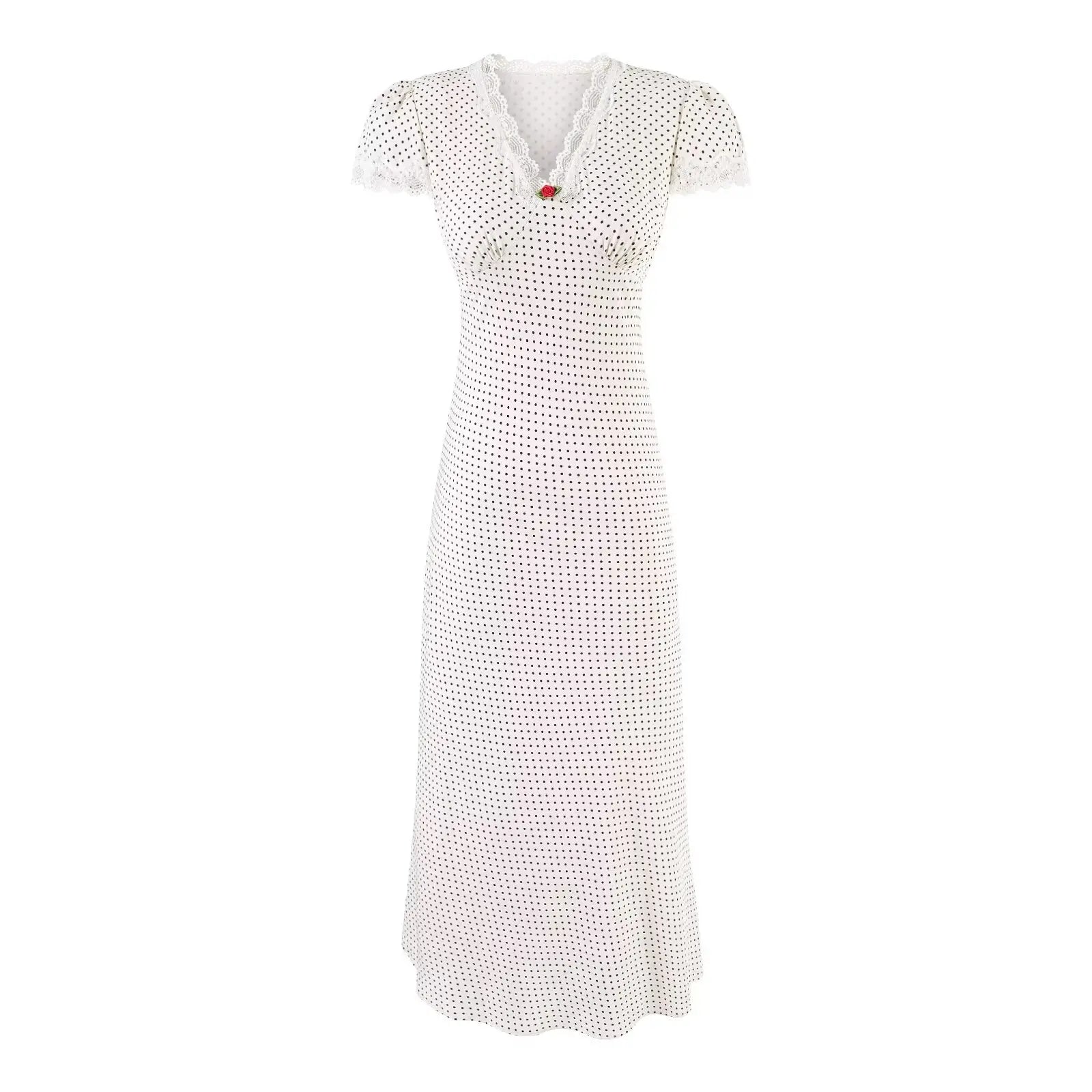 French Lace Trim V Neck Polka Dot Dresses Short Sleeve A-line Midi Elegant Summer Dresses