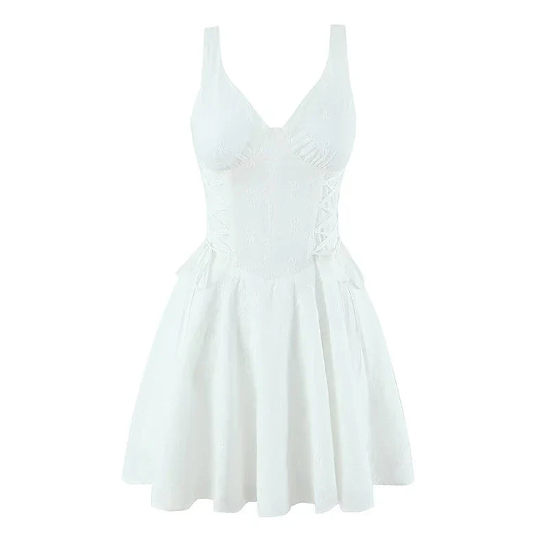 Floral Embroidery Sleeveless White Mini Dresses