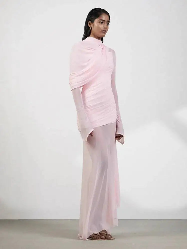 spring and autumn high neck full sleeves fake two pieces mesh spliced pleated asymmetrical Dresses