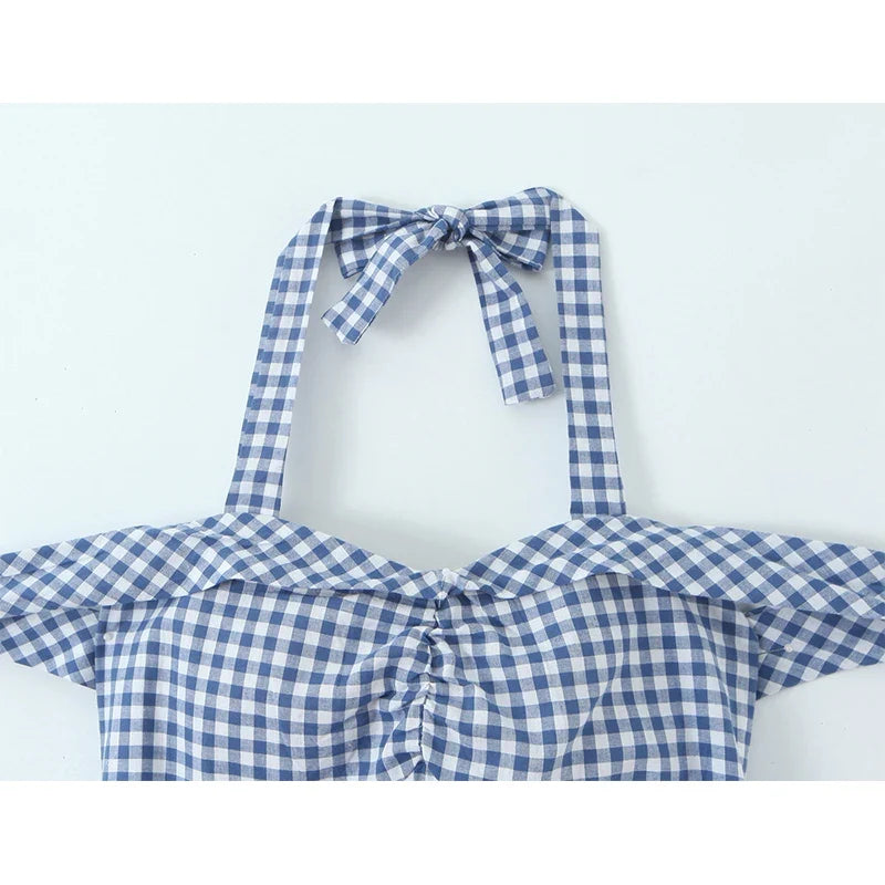French Retro Slim Fit Halter Plaid Dresses