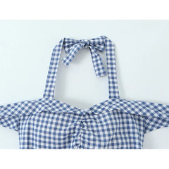French Retro Slim Fit Halter Plaid Dresses