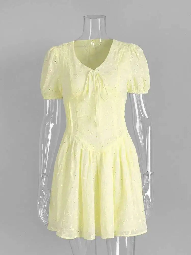 Sweet V-neck Short Sleeved Bandage Waist Embroidered Dresses