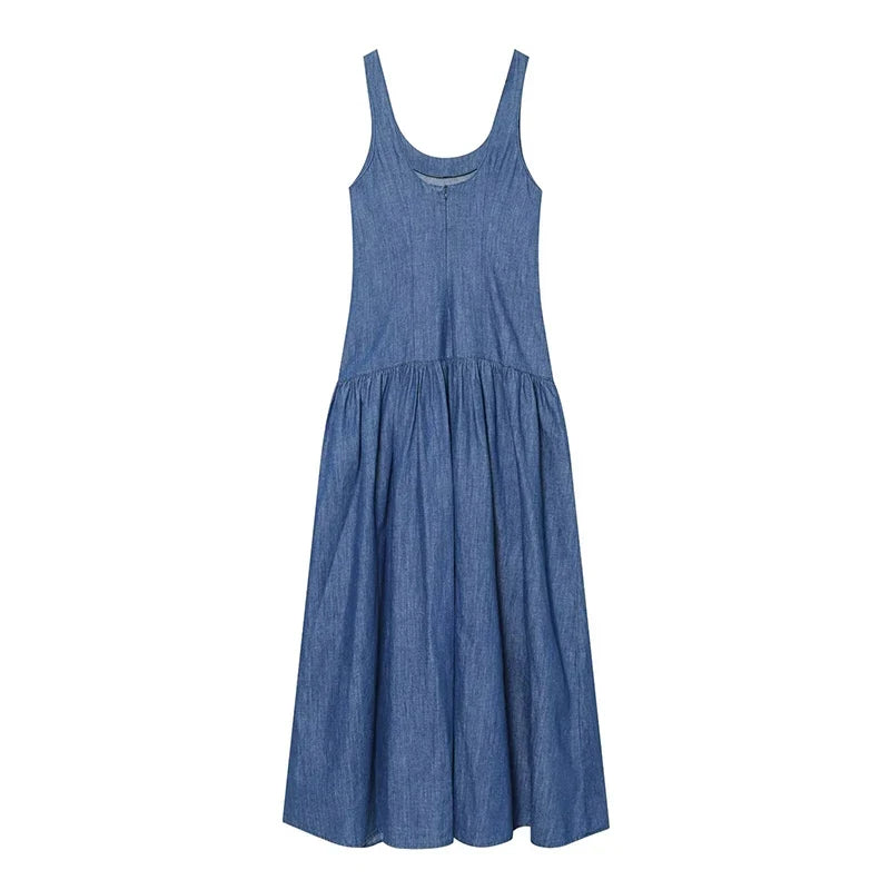 Blue Denim Sleeveless Midi Dresses