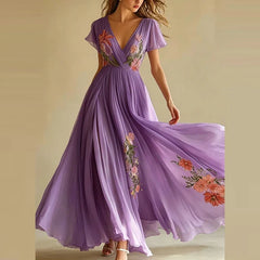 V-neck Floral Printed Chiffon Maxi Dresses