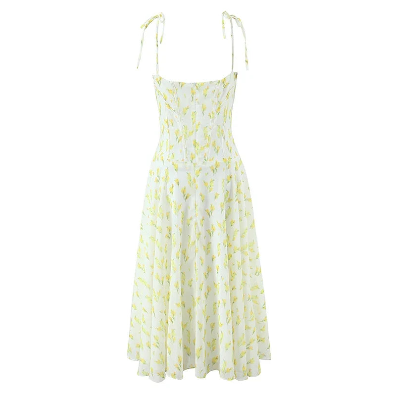 Yellow Print Sling Midi Summer Dresses Sexy O Neck Hem Slits A-line Chiffon Dresses