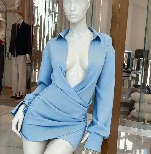 Lapel Collar Wrap Ruched Bodycon Mini Dresses