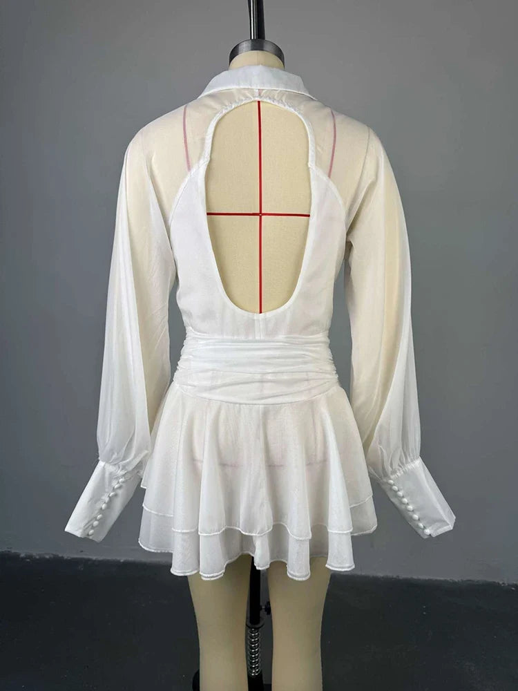 Summer V-neck Long Sleeves Backless High-Waisted Slimming Mini Dresses