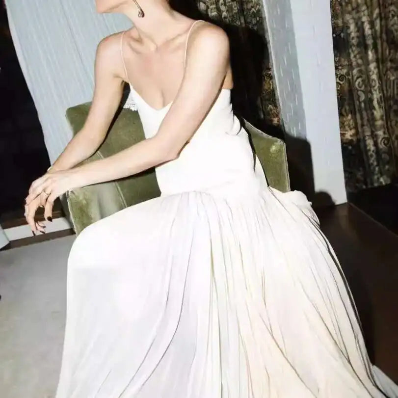 French style pleated high-end long dress, spicy girl vacation style dress, suspender, backless fairy dress
