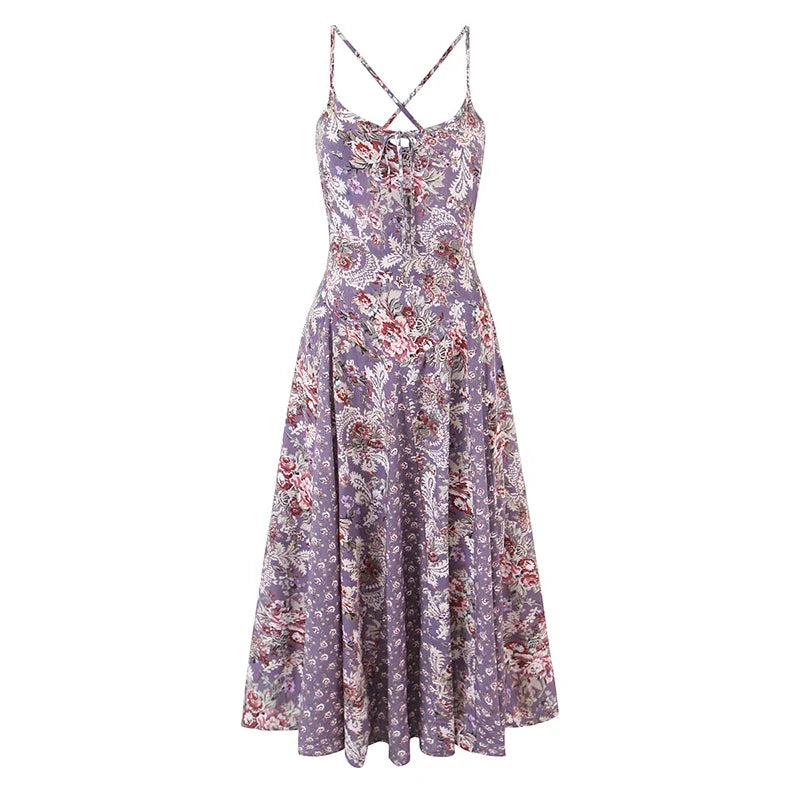 Purple Floral Print Big Swing Sling Boho Dresses