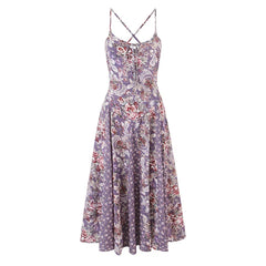 Purple Floral Print Big Swing Sling Boho Dresses
