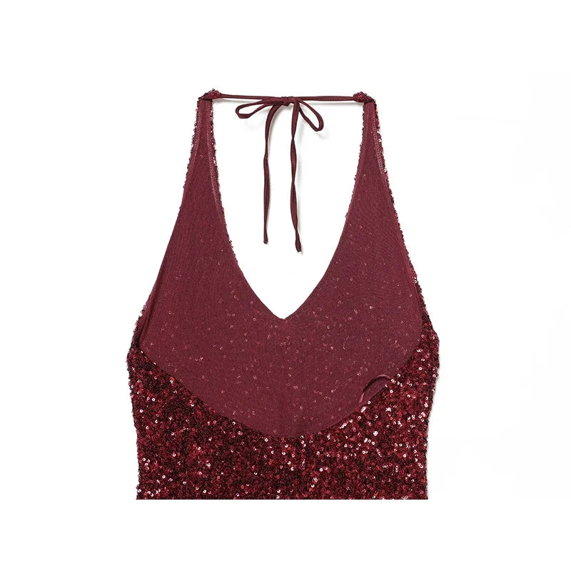 Backless Halter V Neck Sequin Long Dresses