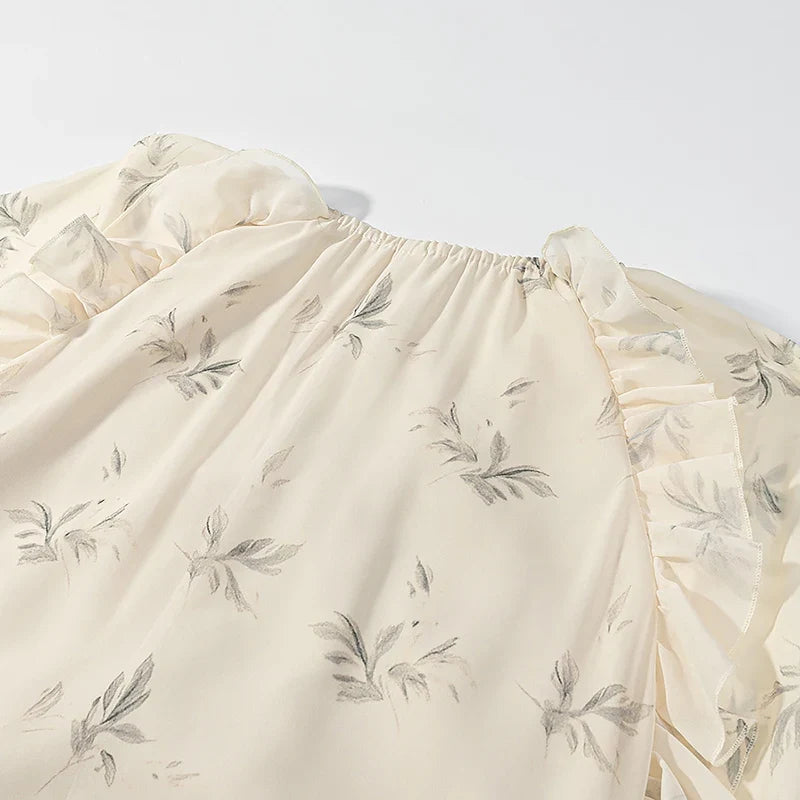 Floral Print Ruffle Trim Long Sleeve Maxi Dresses