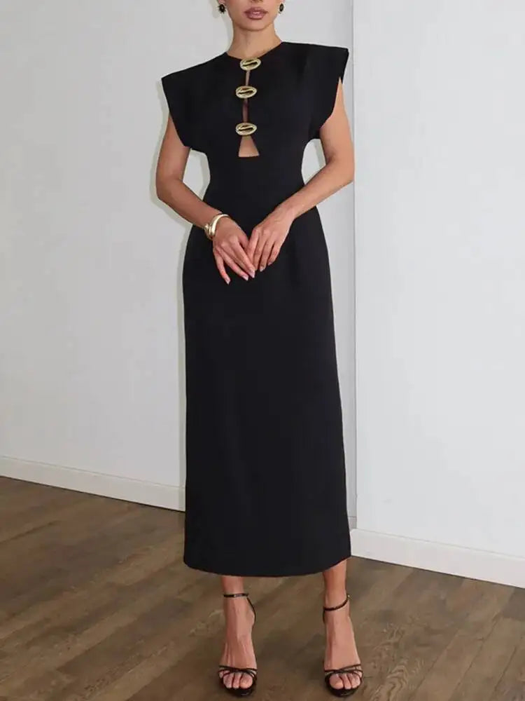 Fashionable Round Neck Sleeveless Waist Cinched Slim Fit Mid Length Dresses