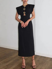 Fashionable Round Neck Sleeveless Waist Cinched Slim Fit Mid Length Dresses