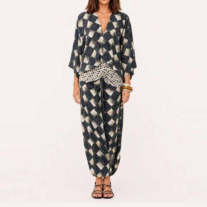 Ladies Sexy Deep V Bohemian Long Dresses Vintage Geometric Print Loose Robe Dresses