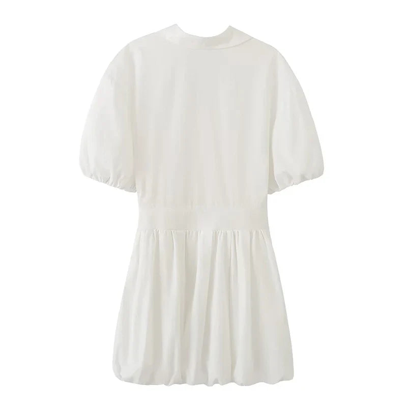 Elegant V-neck Puff Sleeve White Shirt Dresses