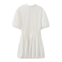 Elegant V-neck Puff Sleeve White Shirt Dresses