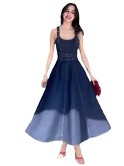 Summer Detachable Strap Backless Design Waist-Cinching Long Denim Dresses