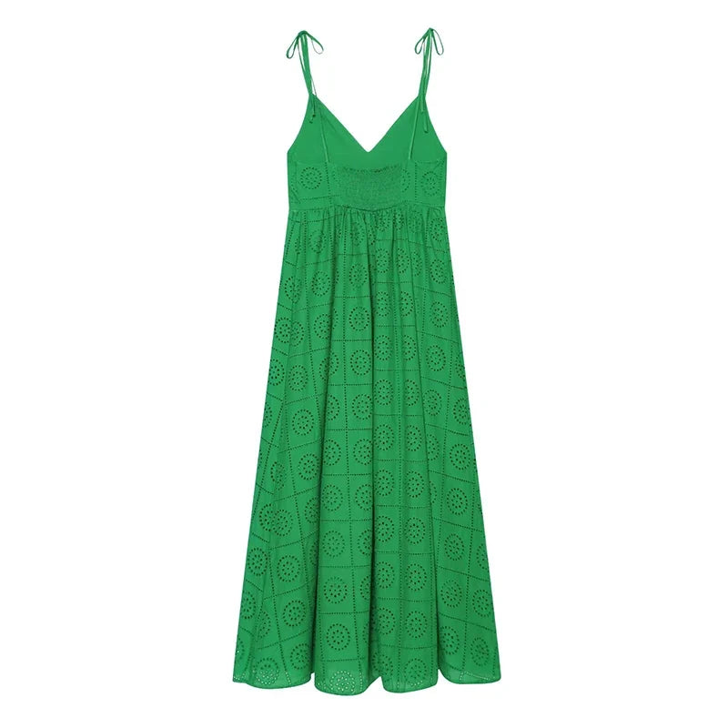Summer Hollow Out Embroidery Sling Midi Dresses