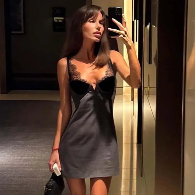 Lace Patchwork Sling Gray Sexy Dresses