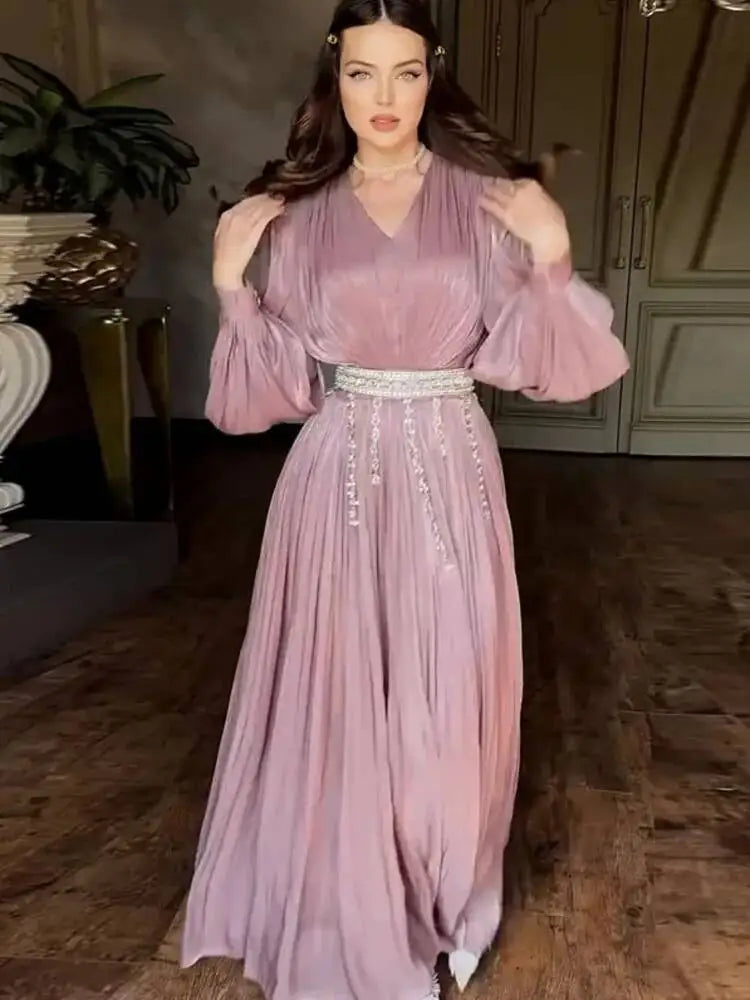Sexy V-neck Pleated Sheer Long Sleeve Flared Dresses