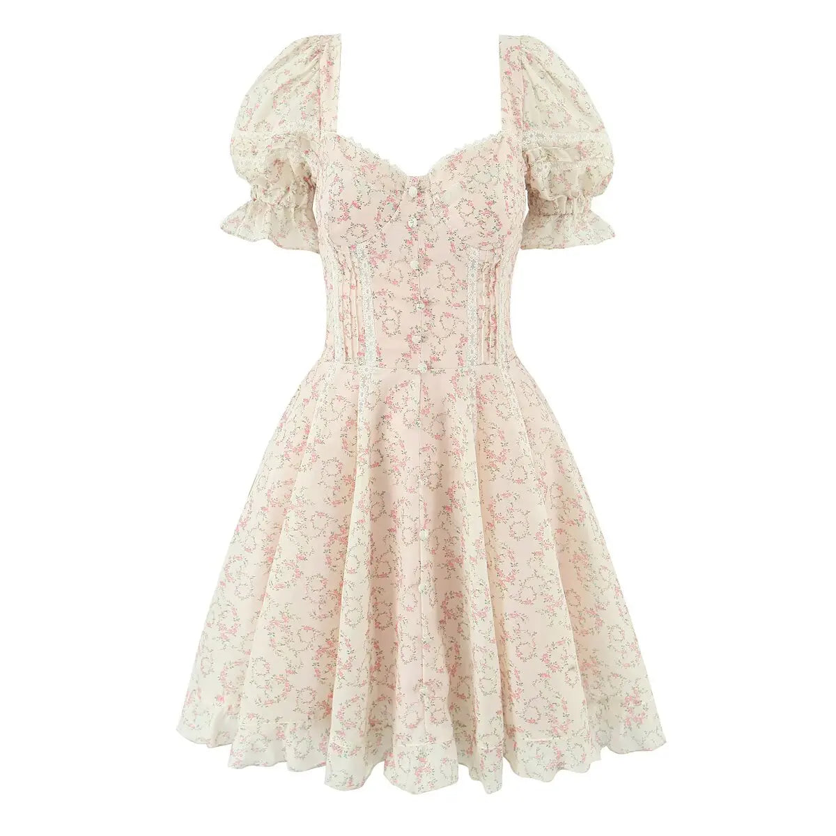 Summer Elegant Lace Spliced Floral Print Dresses Vintage Puff Sleeve Bow Sashes A-line Mini Dresses