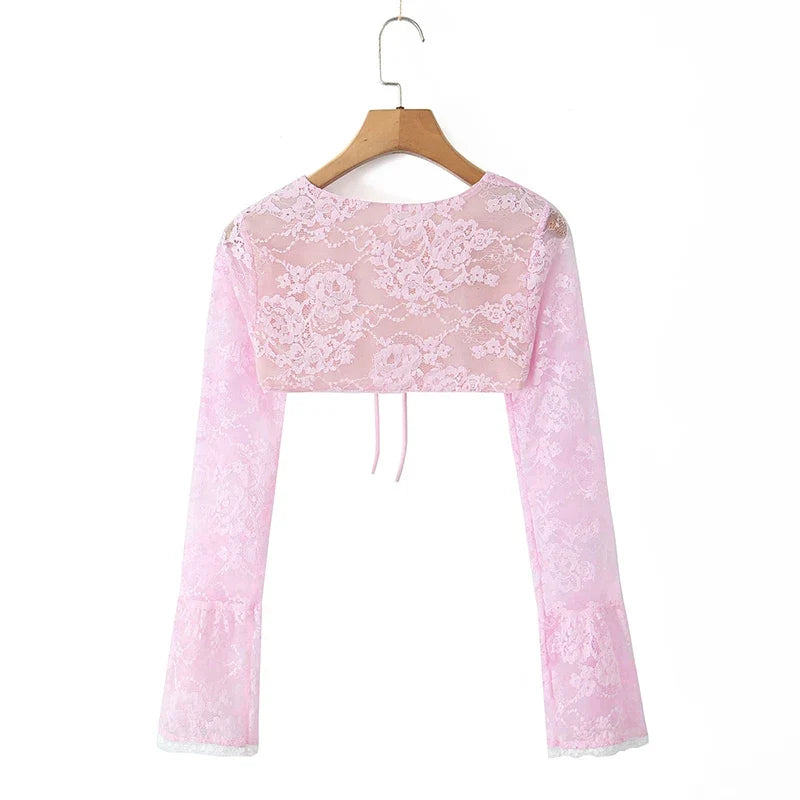 Sexy Elegant 2pcs Pink Lace Dresses Thin Straps + Long Sleeve Crop Top Christmas Party Mini Dresses