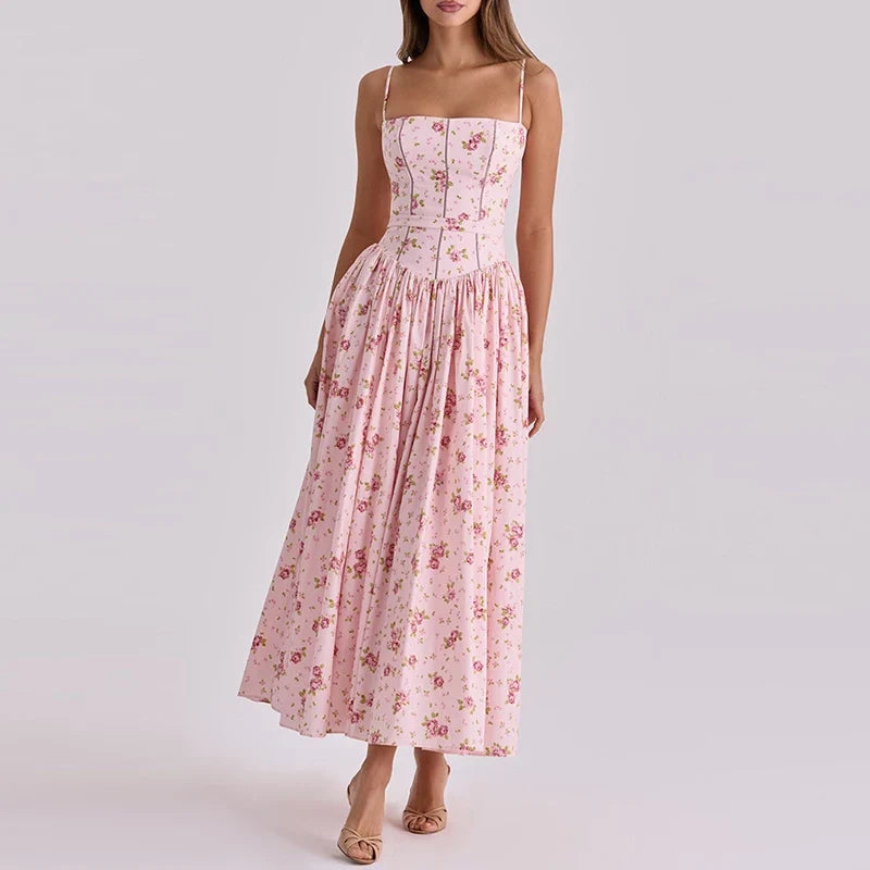 Sexy Backless High Waist Long Dresses Floral Print Camisole Summer Dresses