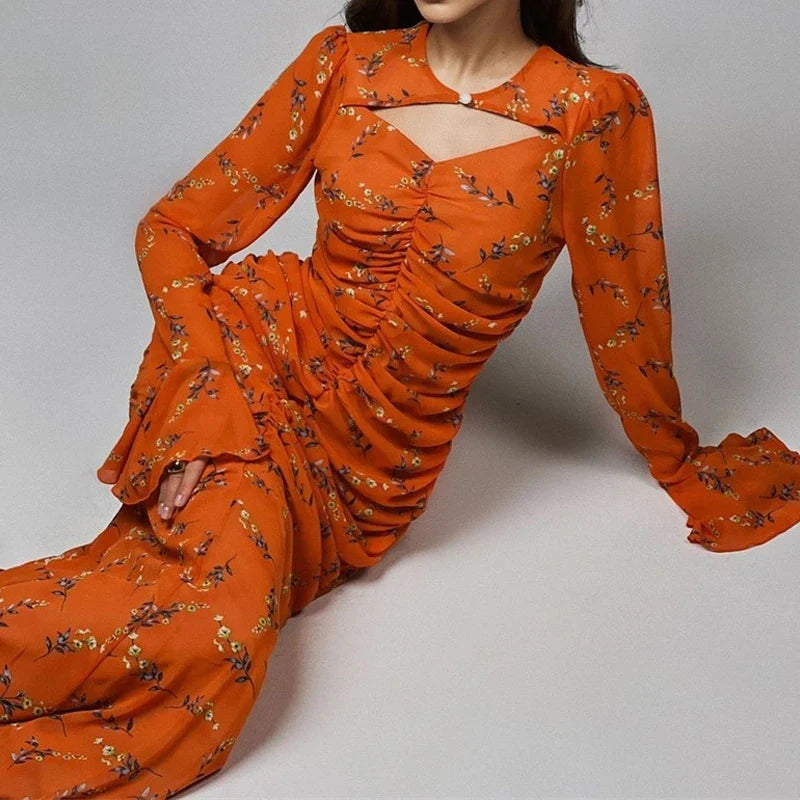 Sweet Casual Long Dresses Flare Sleeve Design Spring Summer Holiday Dresses