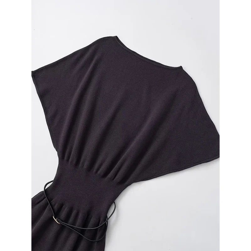 Dark Gray With Belt Knit Long Dresses For Short Sleeve Elastic Waist Elegant Casual Dresses
