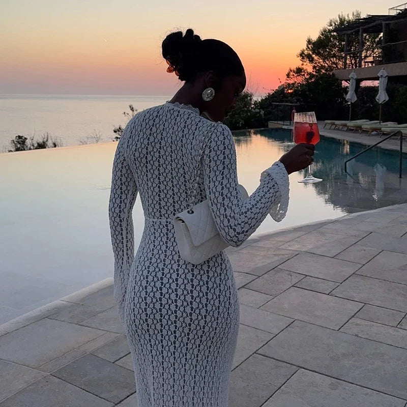 Seaside Beach Hollow Out Long Sleeved Woman Dresses