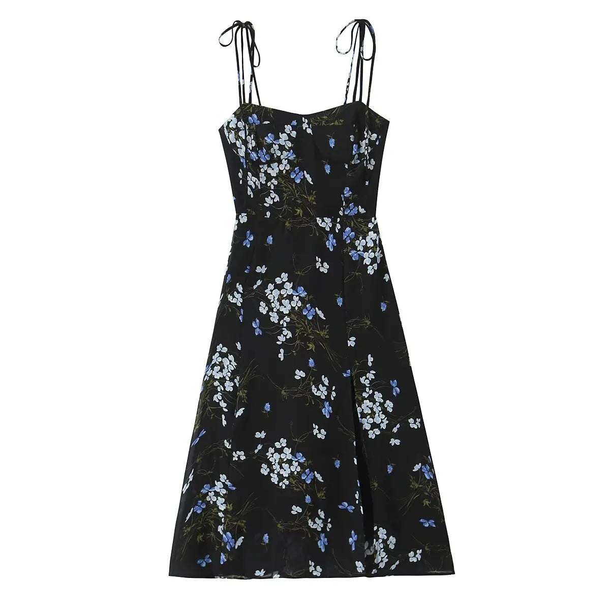 Summer French Style Retro Floral Print Sling Dresses Sexy Hem Slit High Waist A-line Midi Dresses