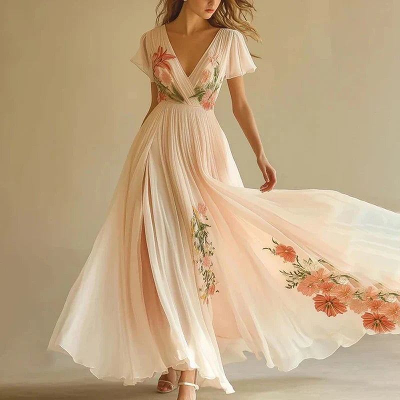 V-neck Floral Printed Chiffon Maxi Dresses