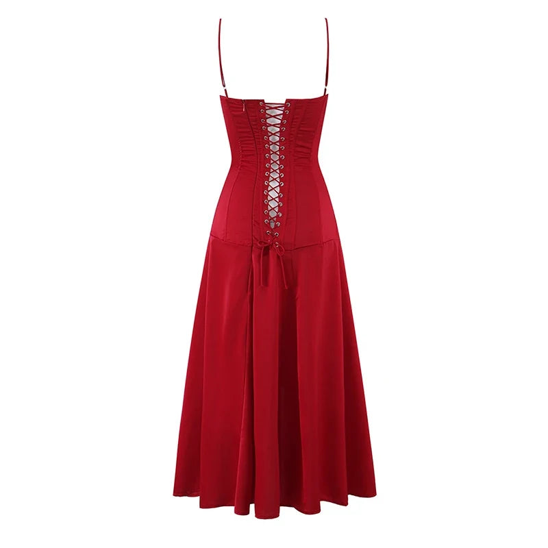 Wine Red Corset Spaghetti Strap Midi Sexy Dresses