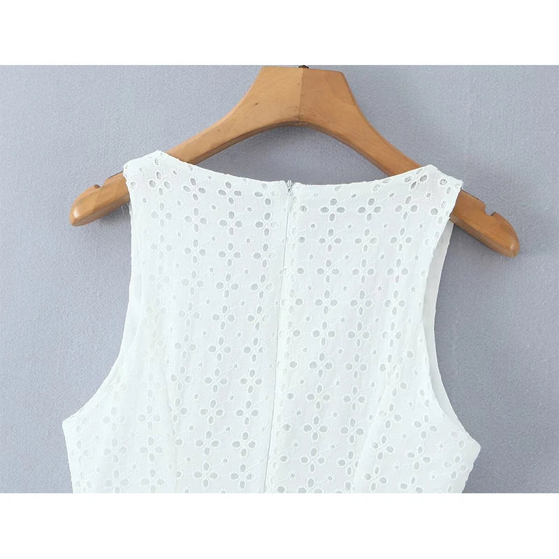 Summer Hollow Out Embroidery White Sleeveless Dresses